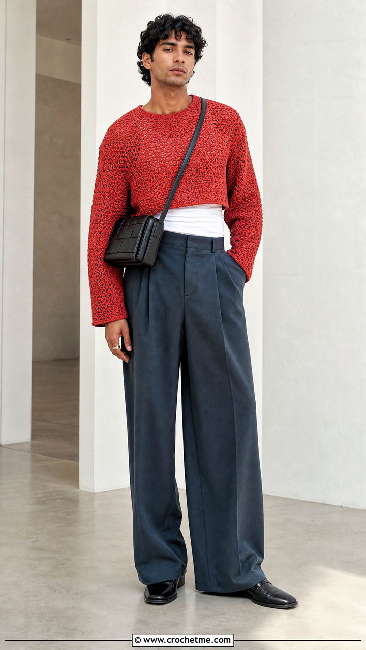 Cropped Boxy Crochet Sweater With Wide Leg Trousers - 35 crochet sweater for men outfit ideas