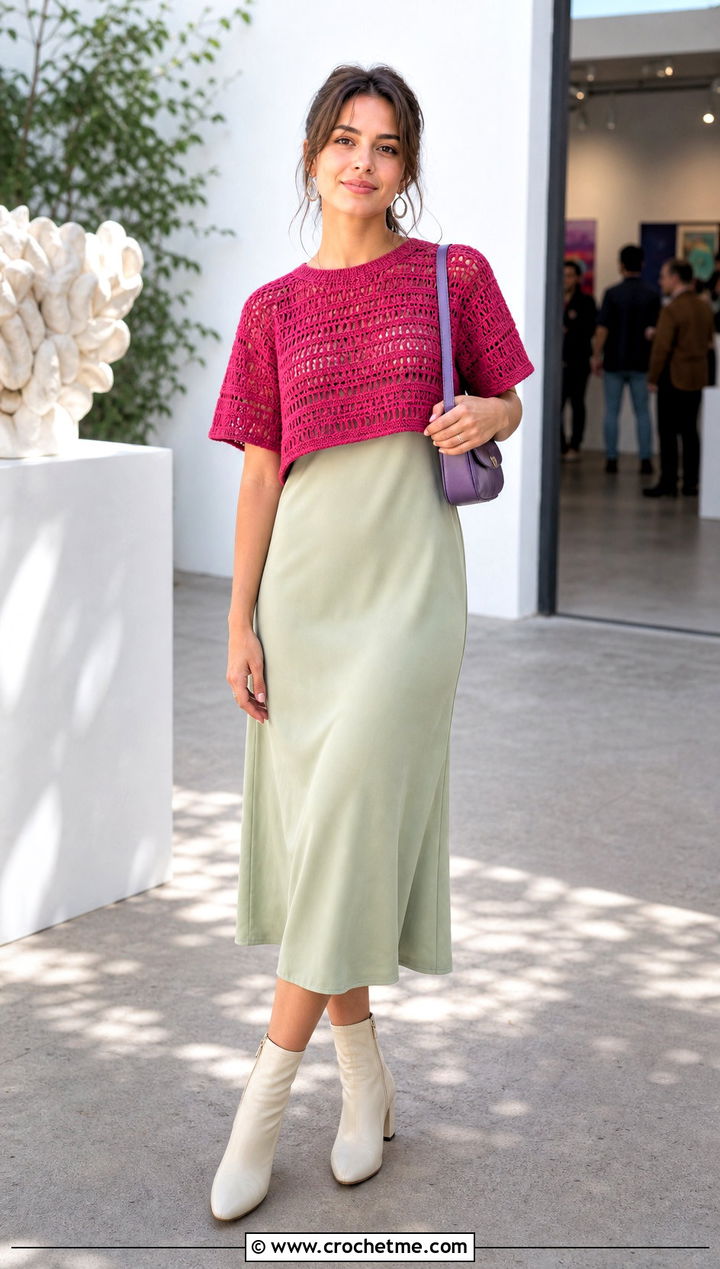 Cropped Boxy Crochet T Shirt With Slip Dress - 35 crochet t shirt outfit ideas