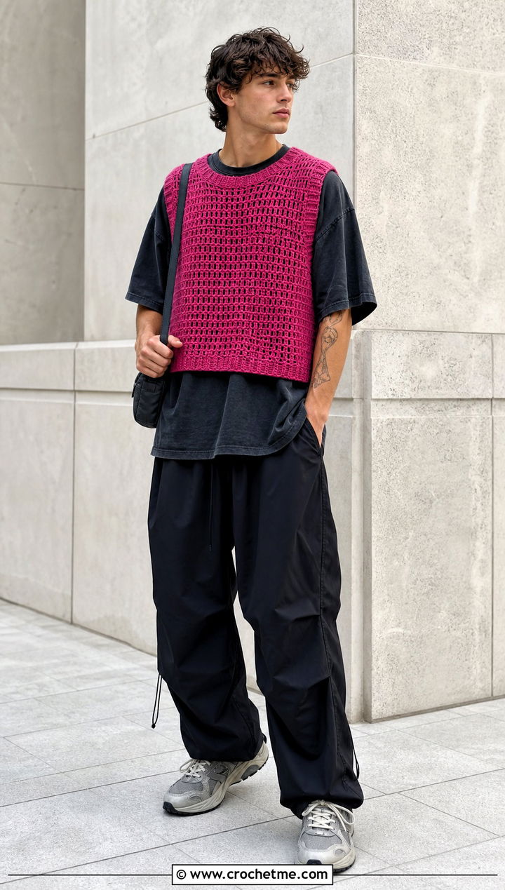 Cropped Boxy Crochet Vest With Oversized T Shirt - 30 men's crochet vest outfit ideas