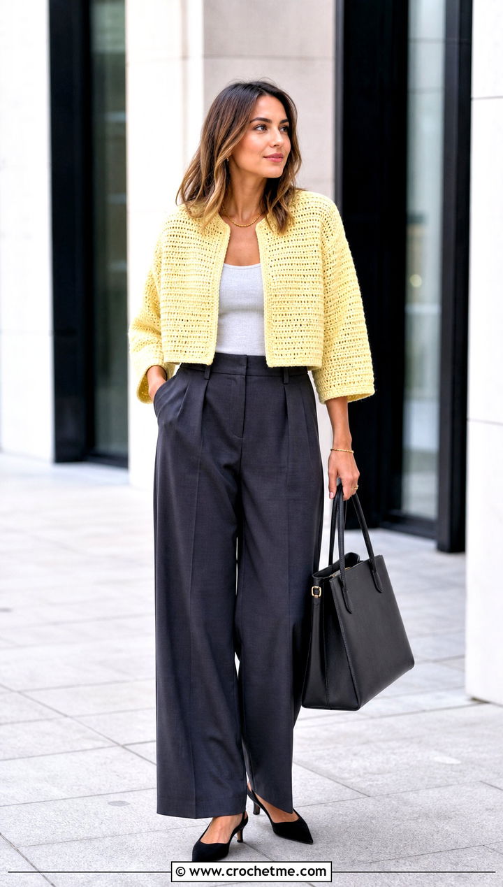 Cropped Boxy Rectangle Crochet Sweater With Wide Leg Trousers - 15 Rectangle Crochet Sweater outfit ideas