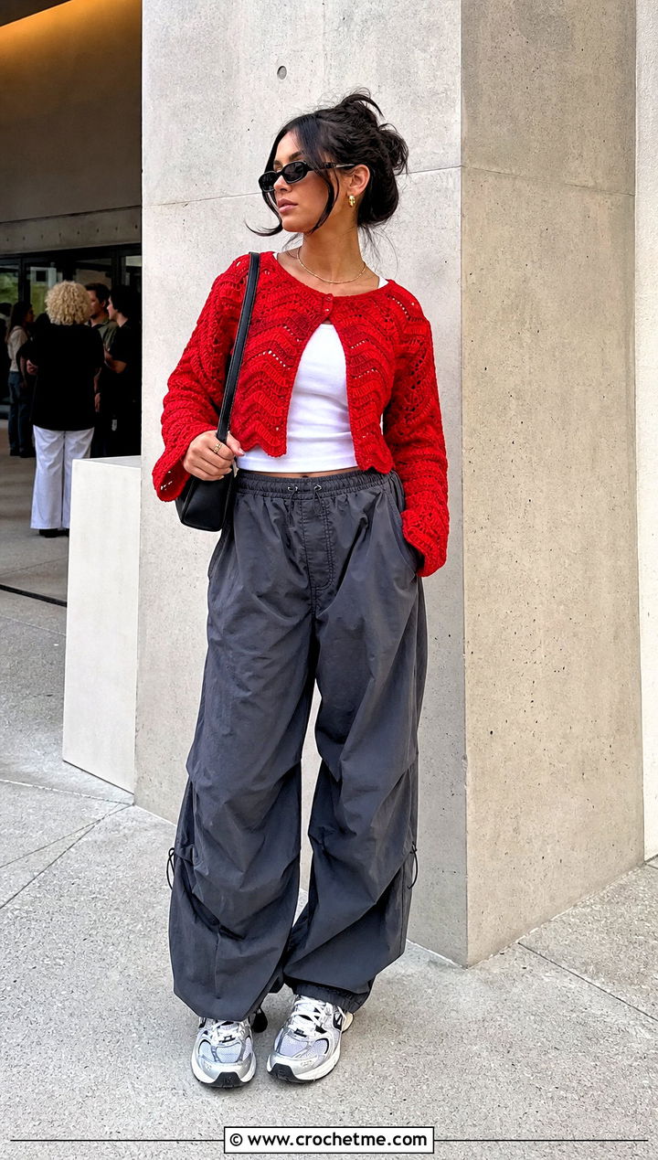 Cropped Boxy Ripple Sweater With Parachute Pants - 30 crochet ripple sweater outfit ideas