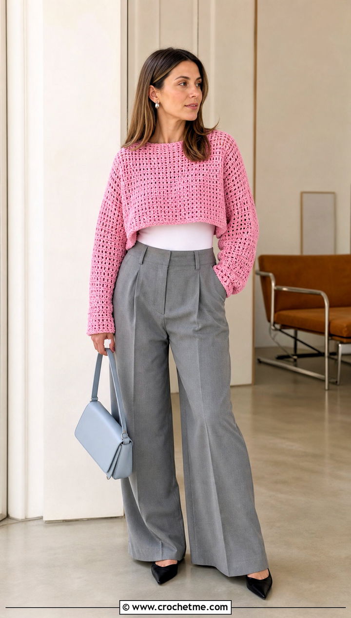 Cropped Boxy Slouchy Crochet Sweater With Pleated Pants - 25 slouchy crochet sweater outfit ideas