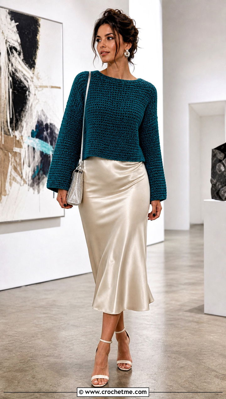 Cropped Boxy Tunisian Crochet Pullover With Satin Midi Skirt - 25 Tunisian Crochet Pullover outfit ideas