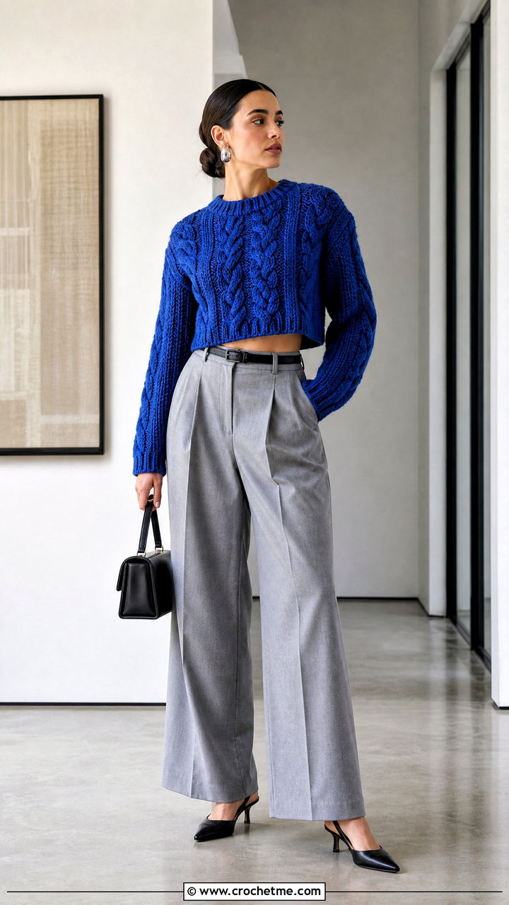 Cropped Braided Cable Sweater With Wide Leg Trousers - 35 crochet cable sweater outfit ideas