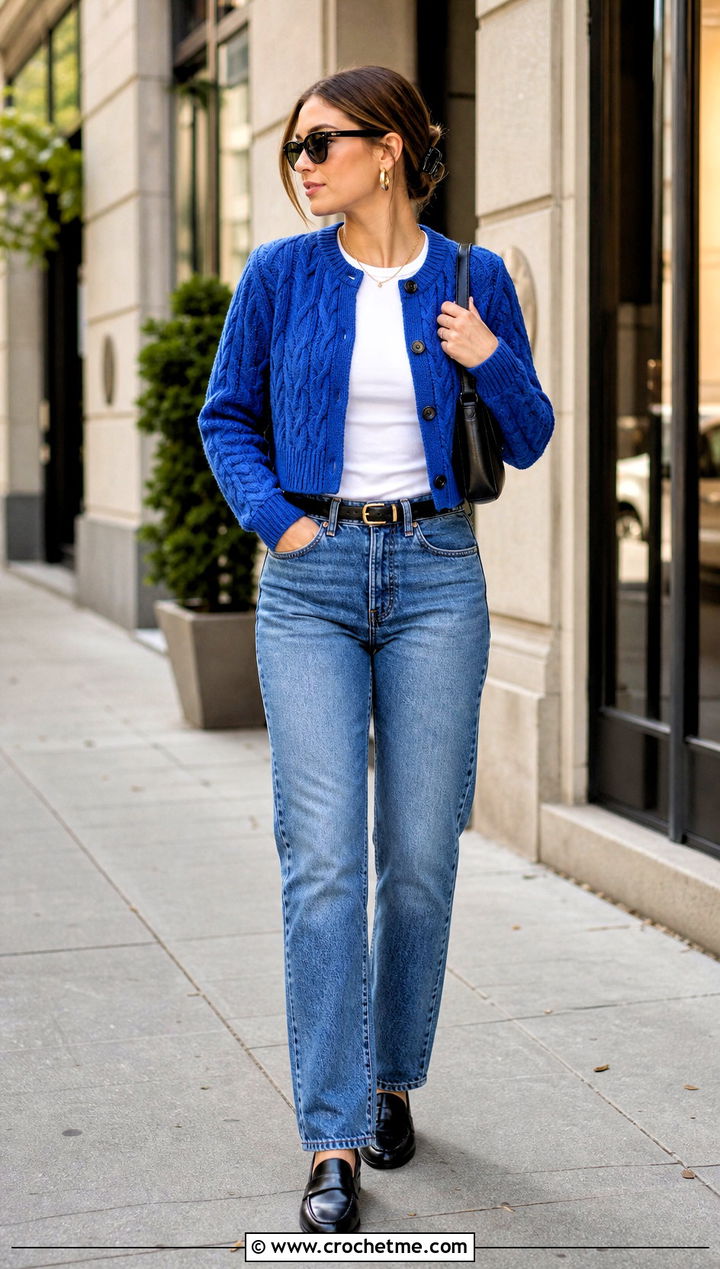 Cropped Braided Crochet Cable Cardigan With Straight Jeans - 25 Crochet Cable Cardigan outfit ideas