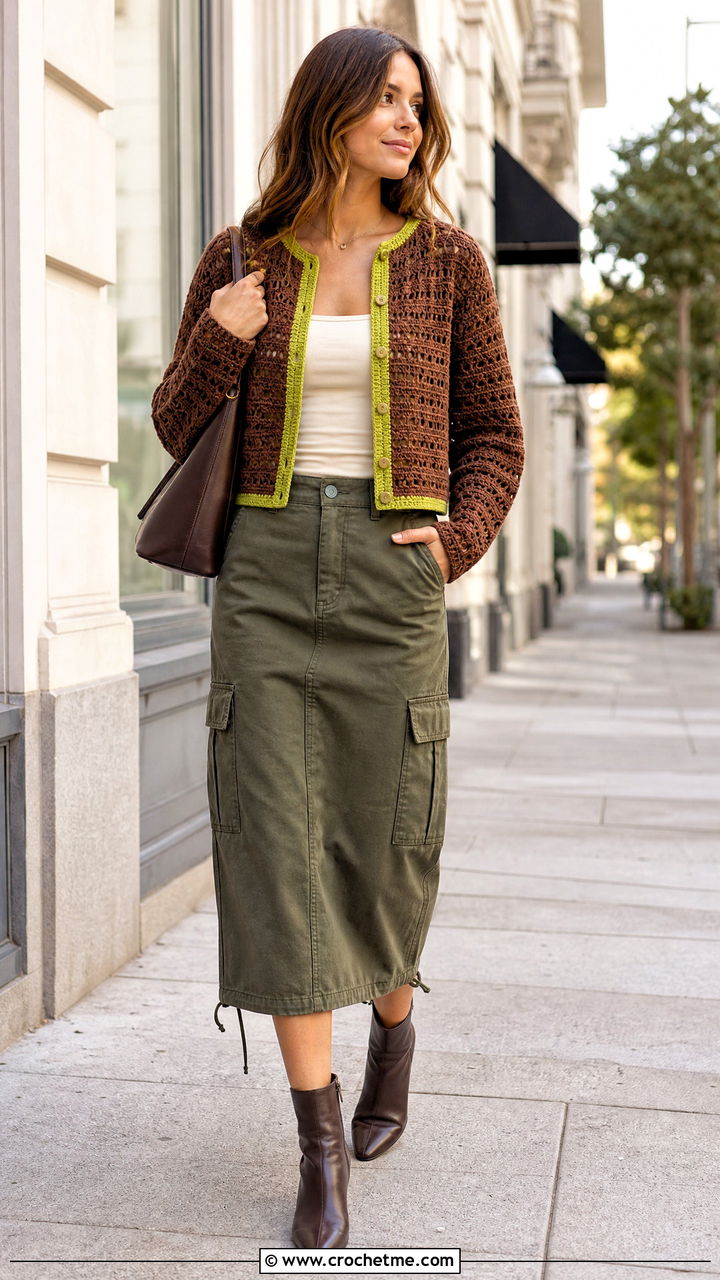 Cropped Brown Crochet Cardigan Sweater With Cargo Skirt - 35 crochet brown sweater outfit ideas