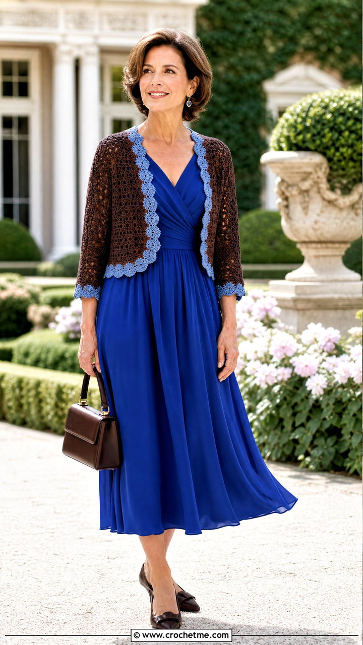 Cropped Brown Crochet Shrug Cardigan With Midi Dress - 35 Brown Crochet Cardigan outfit ideas