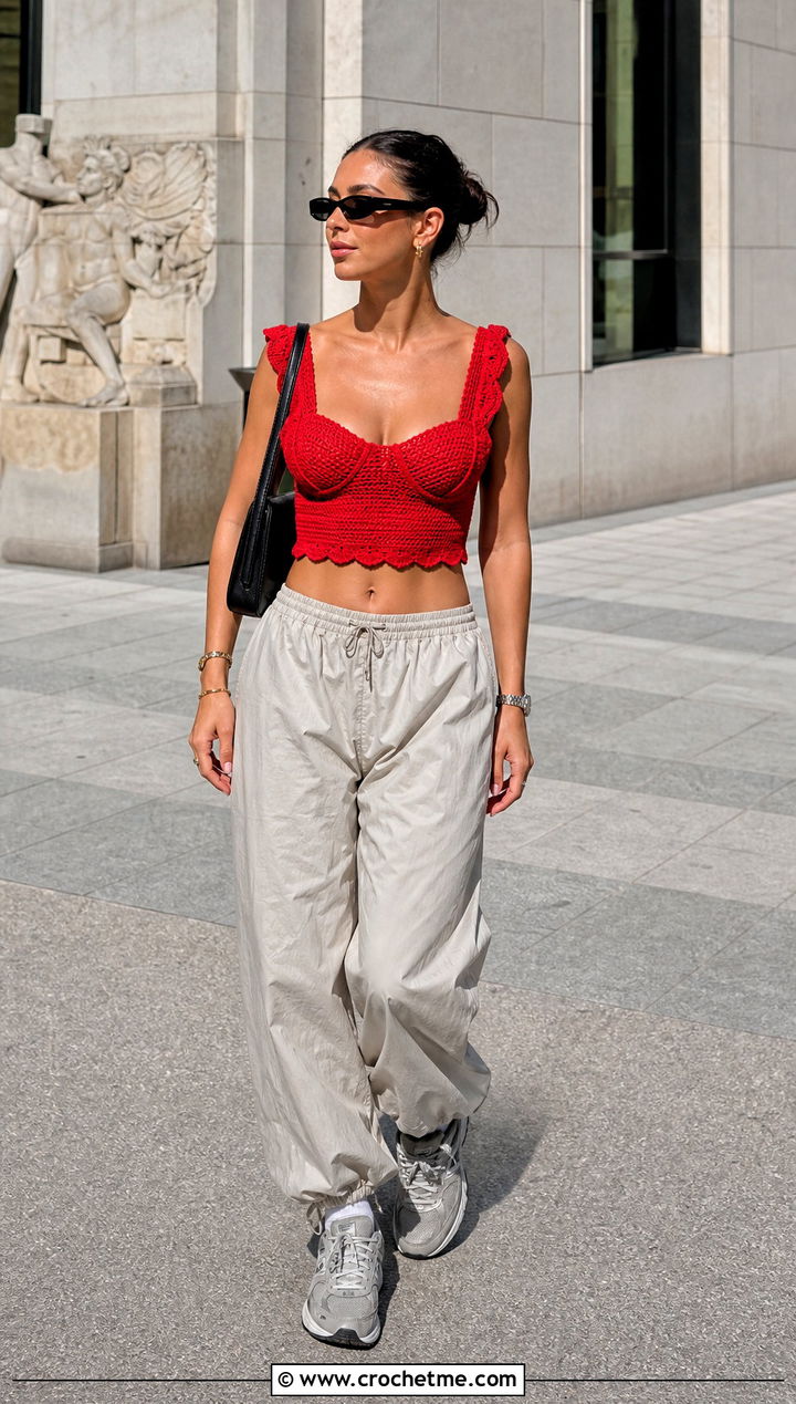 Cropped Buttercup Crochet Top With Parachute Pants - 25 Buttercup Crochet Top outfit ideas