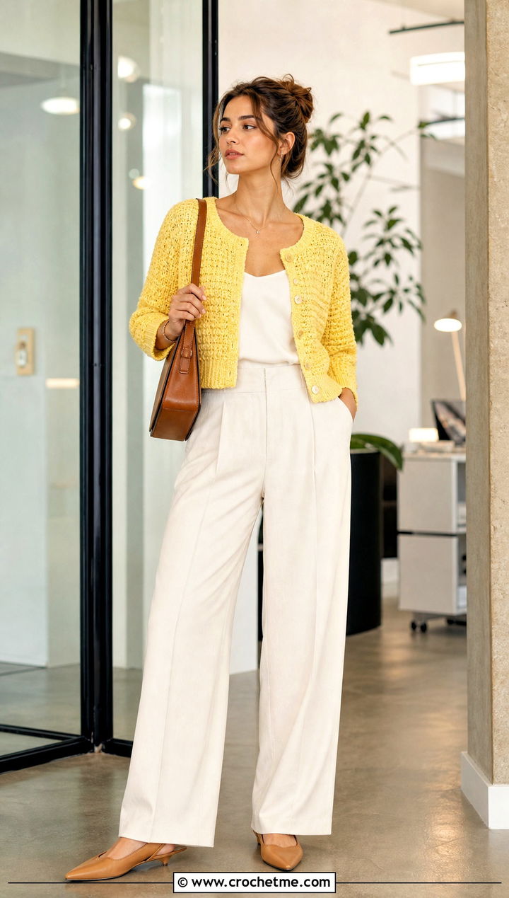 Cropped Button Front Alpine Stitch Crochet Cardigan With Wide Leg Trousers - 25 Alpine Stitch Crochet Cardigan outfit ideas