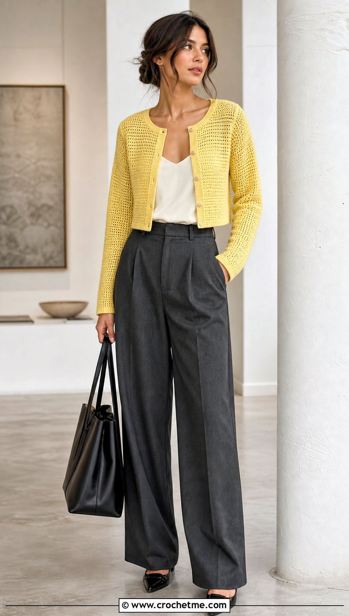 Cropped Button Front Crochet Cardigan With Wide Leg Trousers - 25 lightweight crochet cardigan outfit ideas