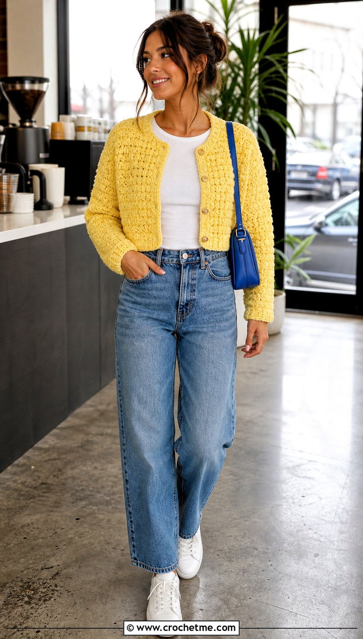 Cropped Button Front Crochet Chenille Cardigan With Straight Jeans - 30 crochet chenille cardigan outfit ideas