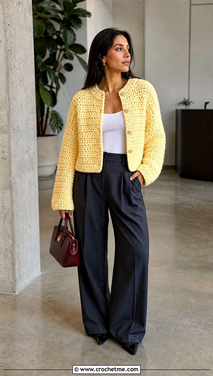 Cropped Button Thick Yarn Crochet Cardigan With Wide Leg Trousers - 25 Thick Yarn Crochet Cardigan outfit ideas