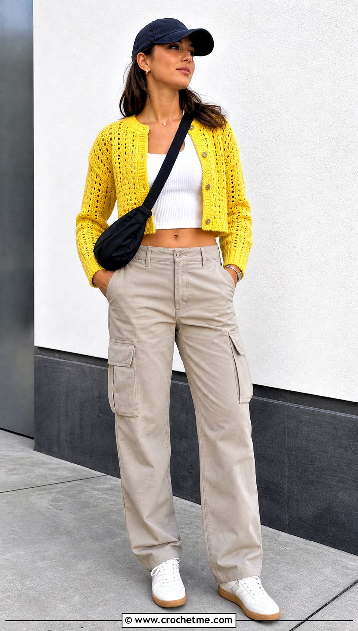 Cropped Button Up Crochet Cardigan With Baseball Cap and Cargo Pants - 15 Crochet Cardigan With Hat outfit ideas
