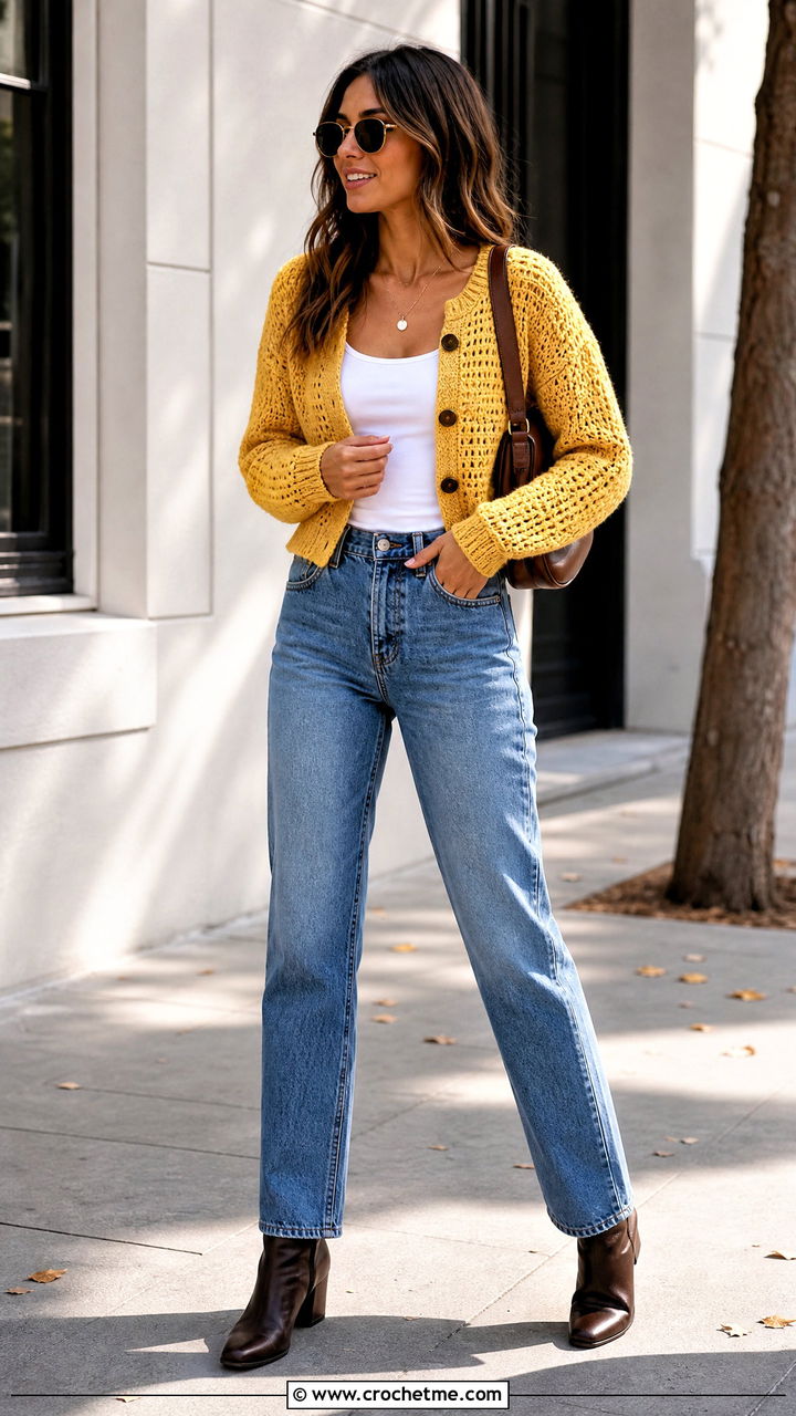 Cropped Button Up Crochet Fall Cardigan With Straight Jeans - 35 crochet fall cardigan outfit ideas