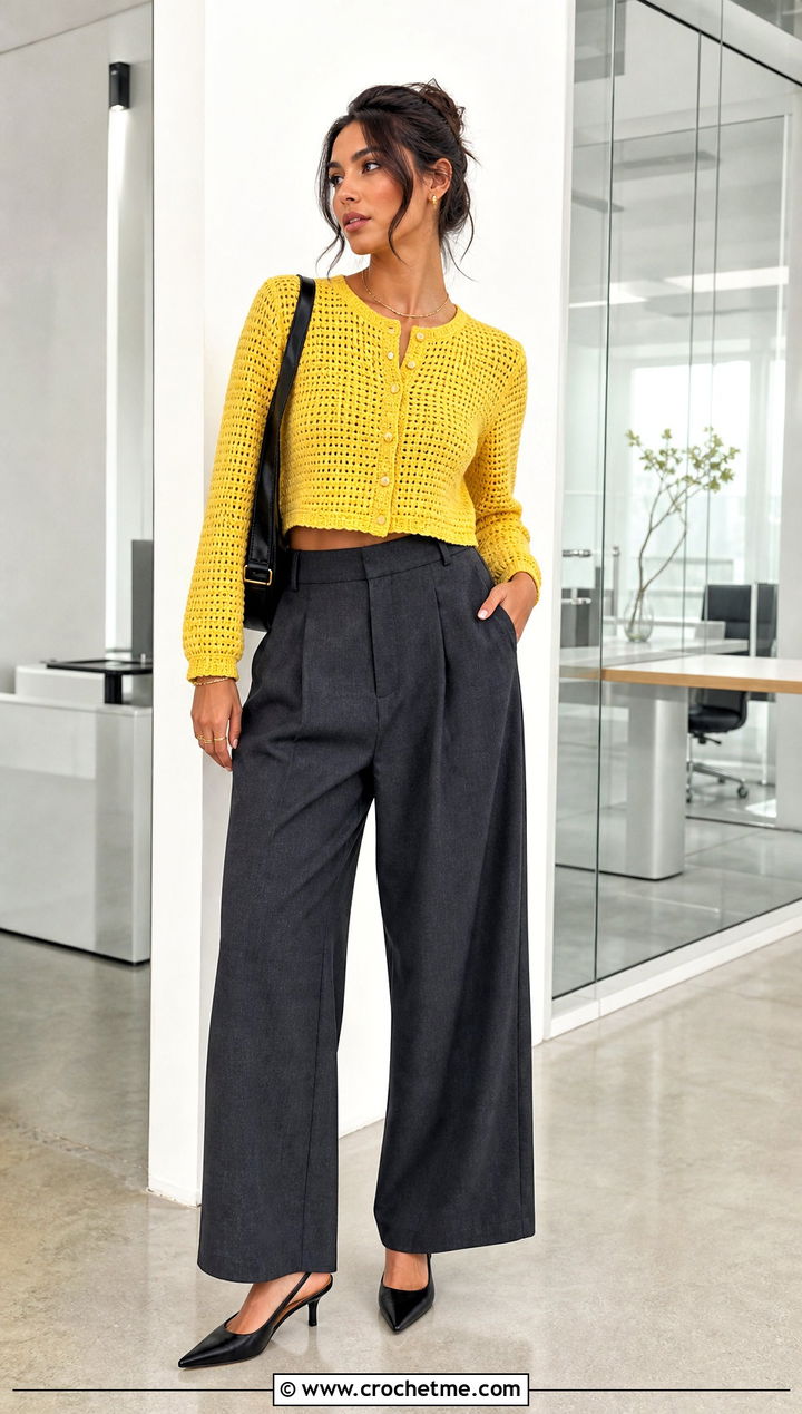 Cropped Button Up Knit Look Crochet Cardigan With Wide Leg Trousers - 25 Knit Look Crochet Cardigan outfit ideas