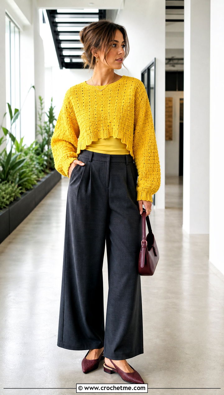 Cropped C C Crochet Crewneck With Wide Leg Trousers - 25 c2c crochet sweater outfit ideas