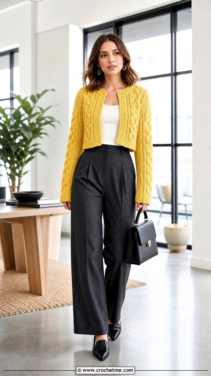 Cropped Cable Crochet Folklore Cardigan With Tailored Trousers - 35 crochet folklore cardigan outfit ideas