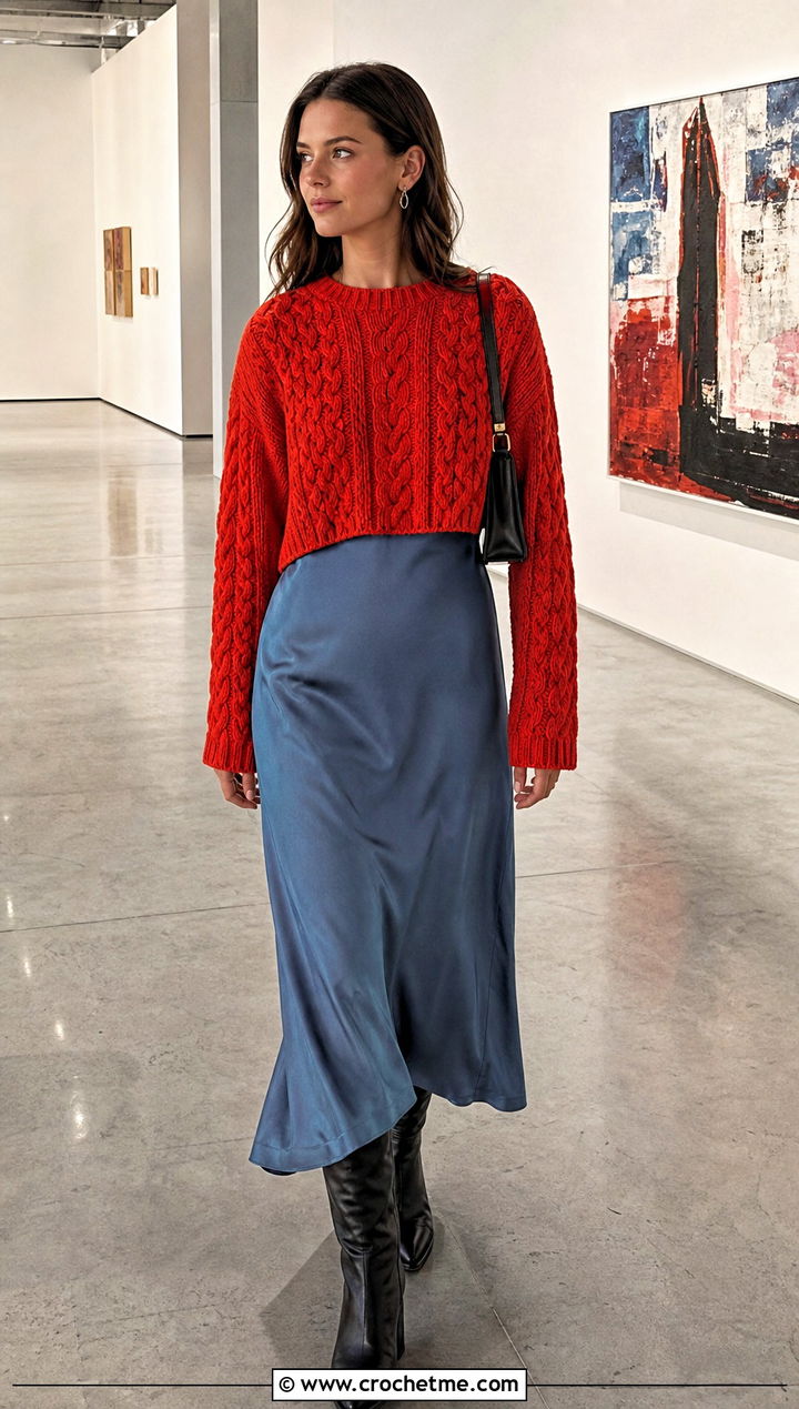 Cropped Cable Crochet Rory Gilmore Sweater With Slip Dress - 25 crochet rory gilmore sweater outfit ideas
