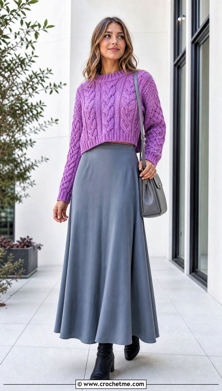 Cropped Cable Fisherman Crochet Sweater With Maxi Skirt - 25 Fisherman Crochet Sweater outfit ideas