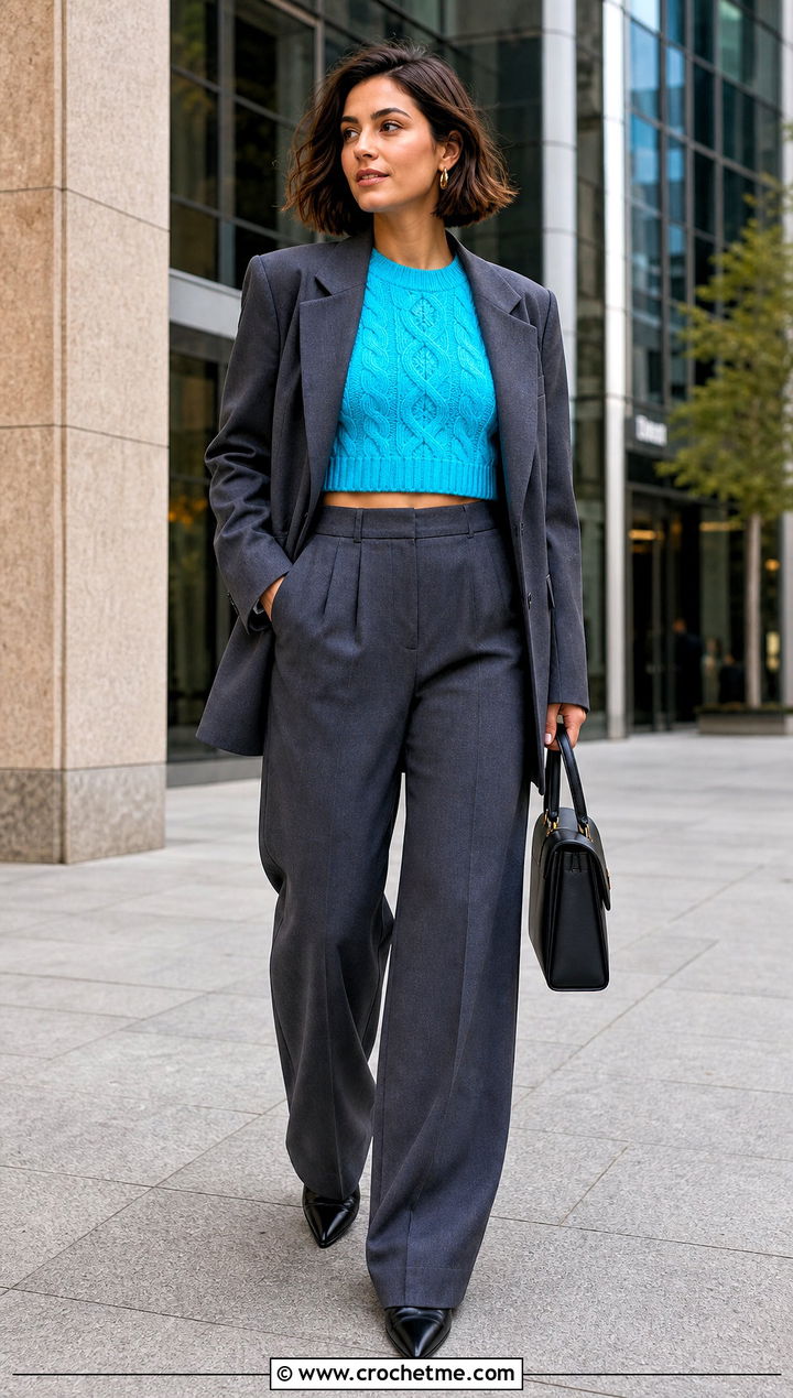 Cropped Cable Irish Sweater With High Waisted Suit - 25 Crochet Irish Sweater outfit ideas