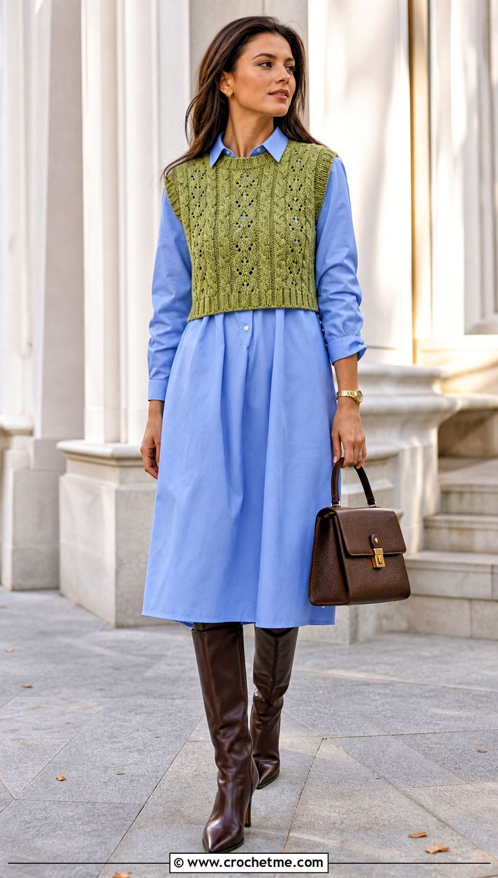 Cropped Cable Look Crochet Sweater Vest Over a Shirt Dress - 15 Cropped Crochet Sweater Vest outfit ideas