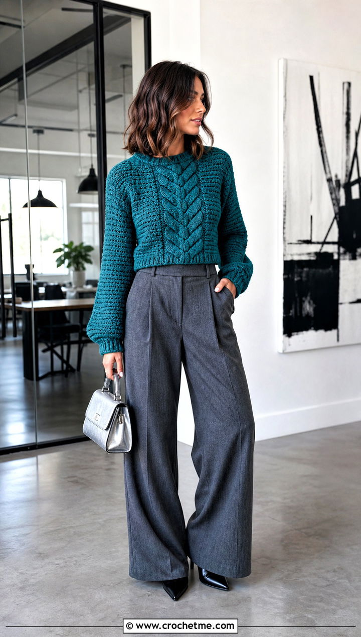Cropped Cable Panel Crochet Sweater With Wide Leg Trousers - 25 Cable Knit Crochet Sweater outfit ideas