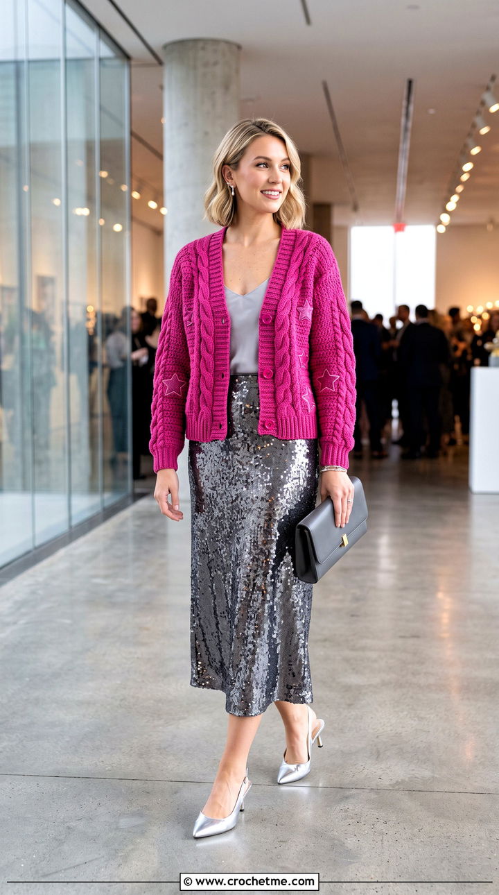 Cropped Cable Taylor Swift Crochet Cardigan With Sequin Skirt - 35 crochet taylor swift cardigan outfit ideas
