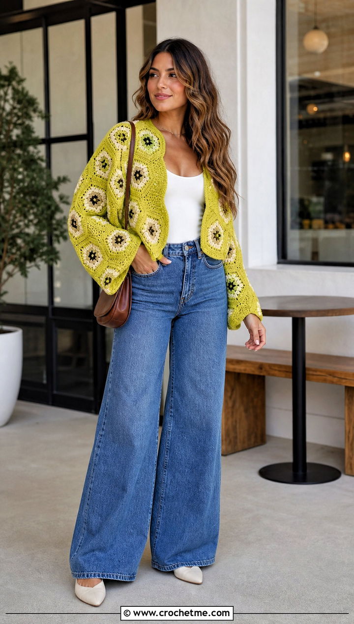 Cropped Campfire Cardigan With Wide Leg Jeans - 30 crochet campfire cardigan outfit ideas