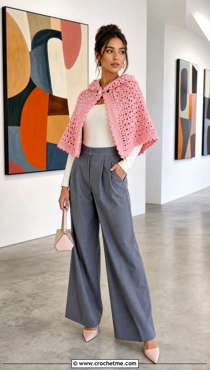 Cropped Capelet Crochet Poncho With Hood And Wide Leg Pants - 35 crochet poncho with hood outfit ideas