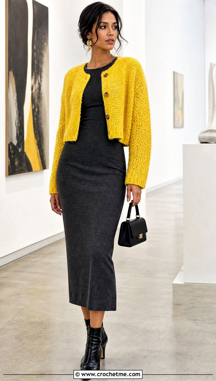 Cropped Cardigan Crochet Chenille Sweater With Column Dress - 25 crochet chenille sweater outfit ideas