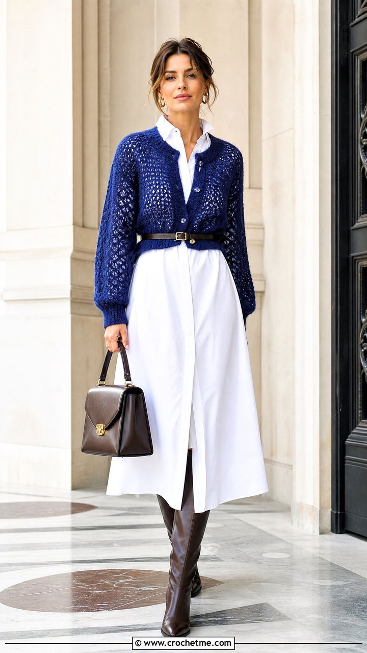 Cropped Cardigan Crochet Mohair Top With Shirt Dress - 35 crochet mohair top outfit ideas
