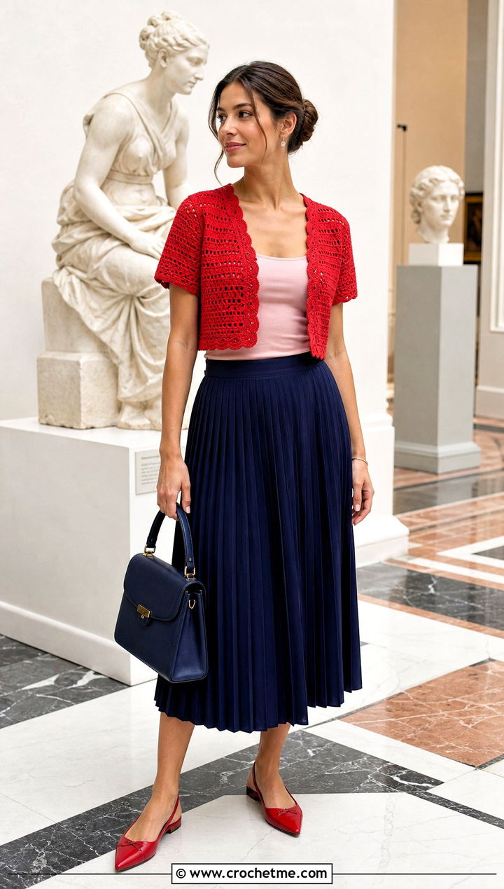 Cropped Cardigan Crochet Short Sleeve Shrug With Pleated Skirt - 30 crochet short sleeve shrug outfit ideas
