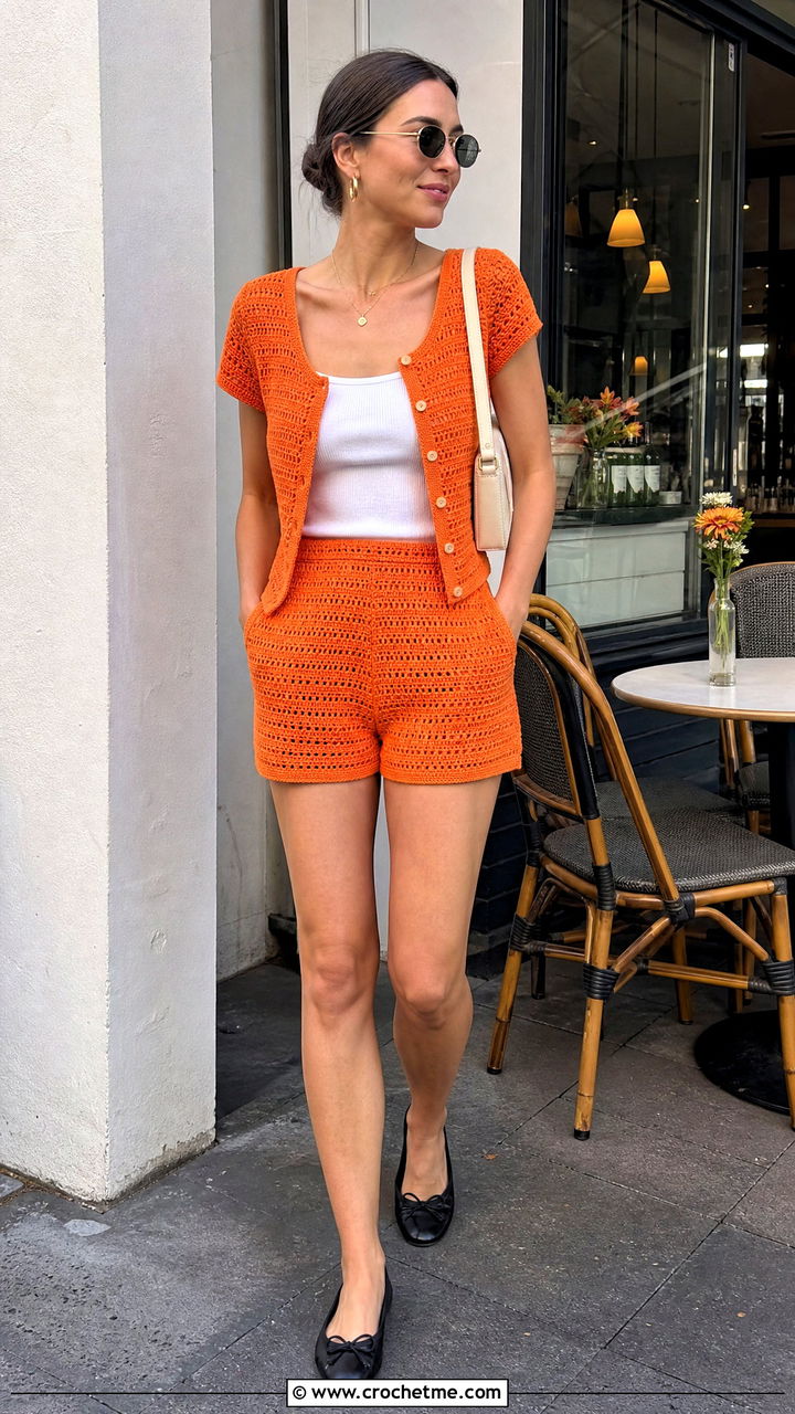 Cropped Cardigan Crochet Shorts Set With Ballet Flats - 35 crochet shorts set outfit ideas
