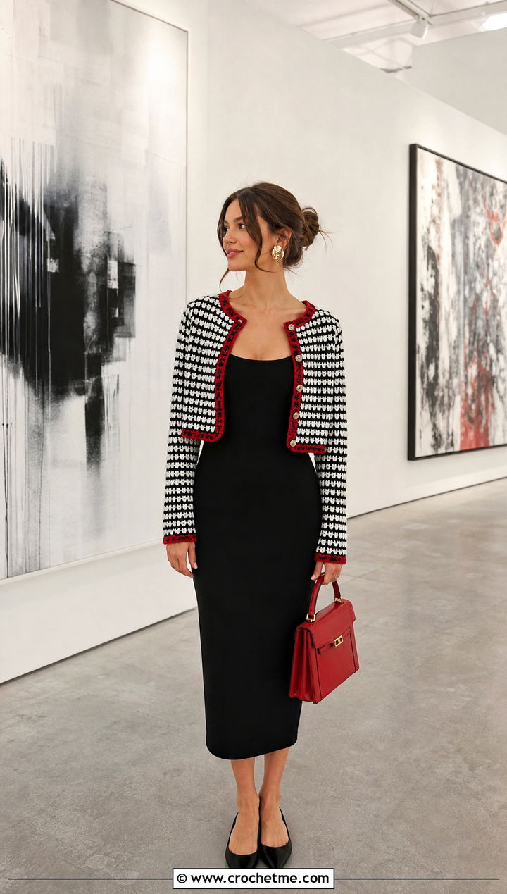 Cropped Cardigan Sweater With Column Dress - 35 black and white crochet sweater outfit ideas