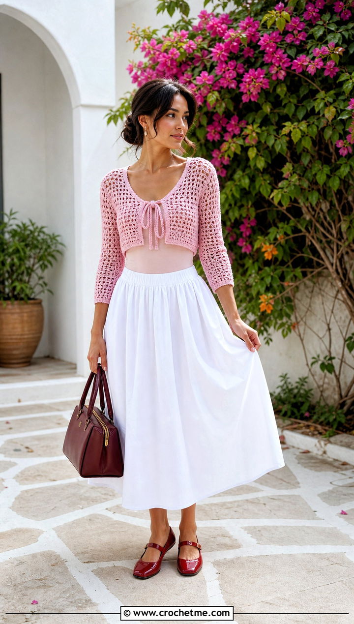 Cropped Cardigan Tie Front Crochet Top With Poplin Midi Skirt - 15 tie up crochet top outfit ideas