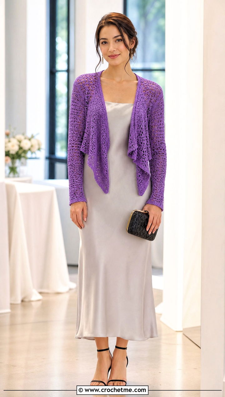 Cropped Cascade Crochet Cardigan With Satin Slip Dress - 15 cascade crochet cardigan outfit ideas
