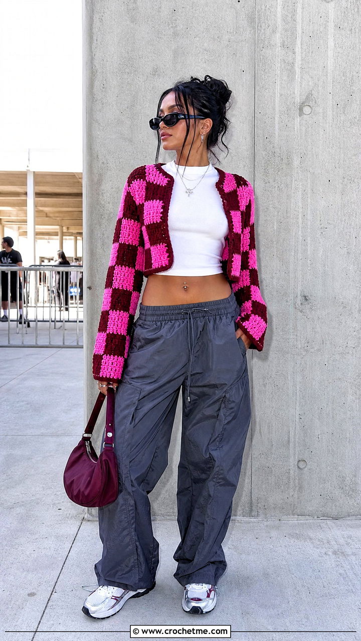 Cropped Checkerboard Cardigan With Parachute Pants - 35 crochet patchwork cardigan outfit ideas