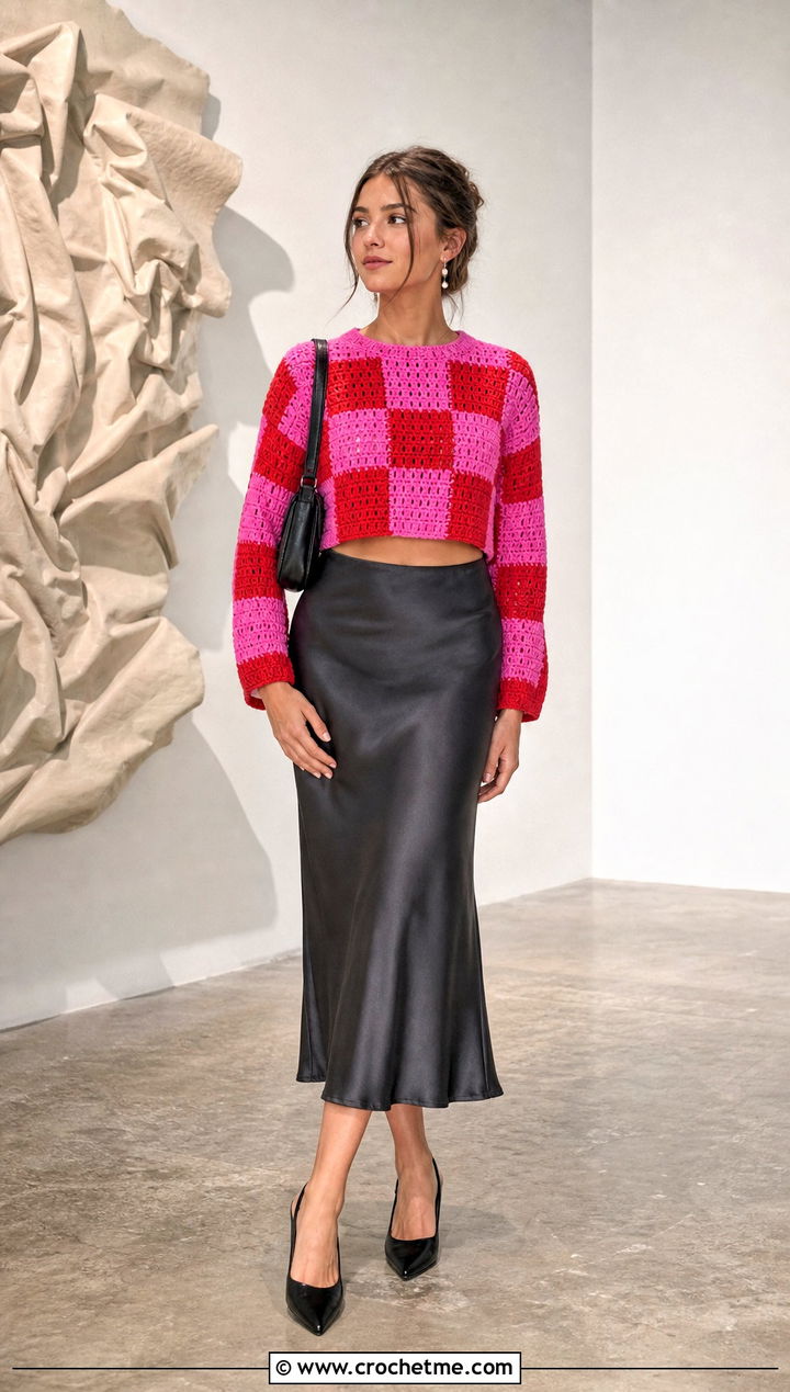 Cropped Checkerboard Colourblock Crochet Sweater With Satin Skirt - 15 Colourblock Crochet Sweater outfit ideas