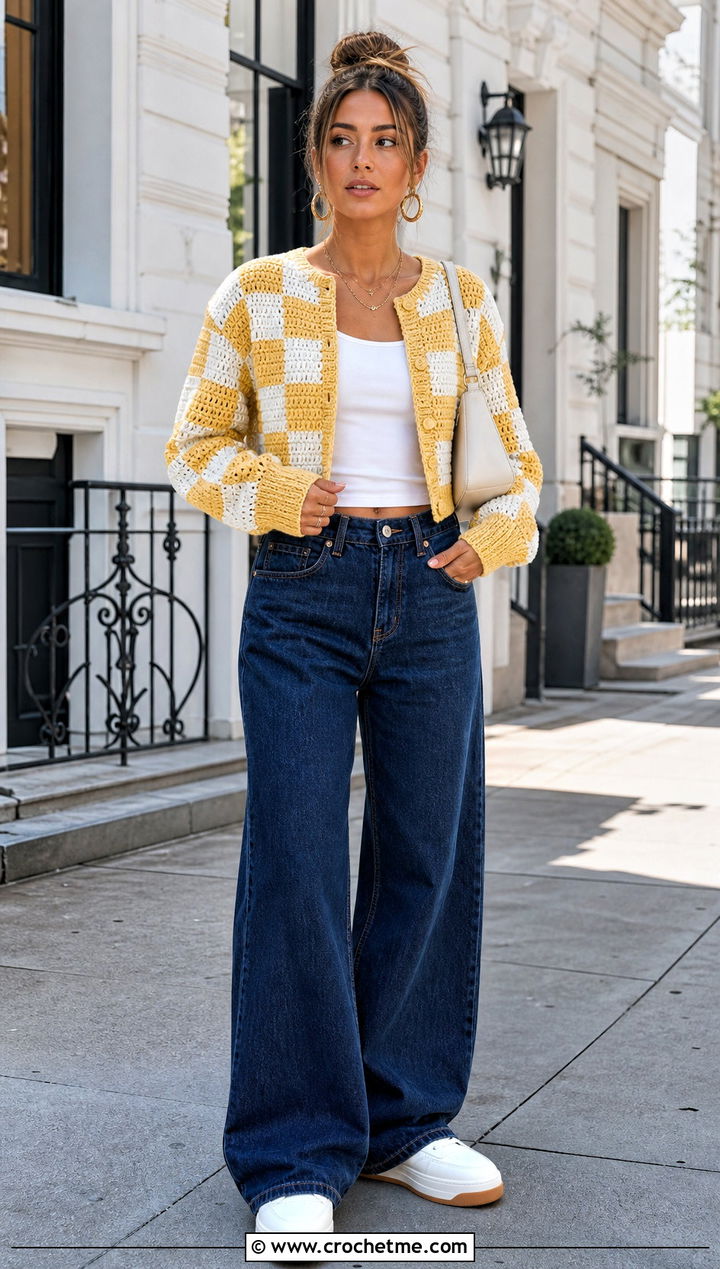 Cropped Checkerboard Crochet Cardigan With Wide Leg Jeans - 25 Checkered Crochet Cardigan outfit ideas