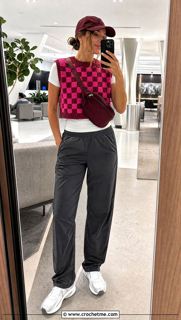 Cropped Checkerboard Crochet Sweater Vest With Track Pants - 15 Checkered Crochet Sweater Vest outfit ideas