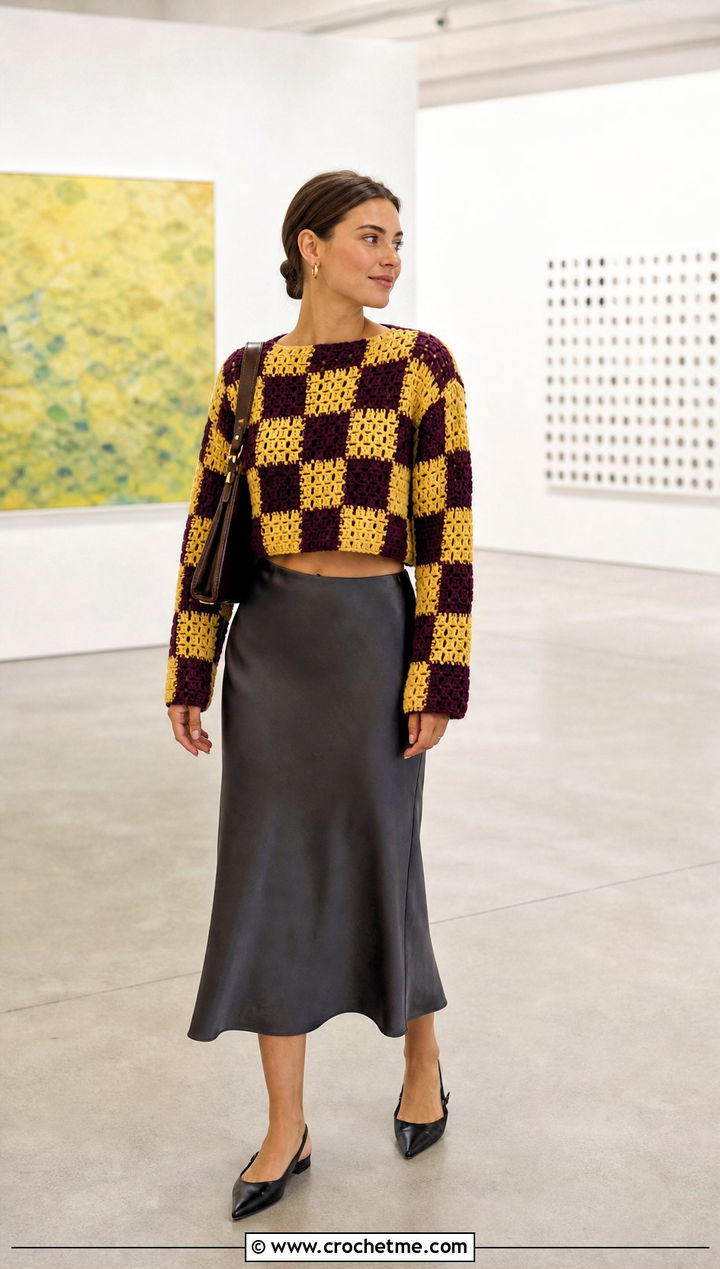 Cropped Checkerboard Sweater With Satin Midi Skirt - 30 crochet patchwork sweater outfit ideas