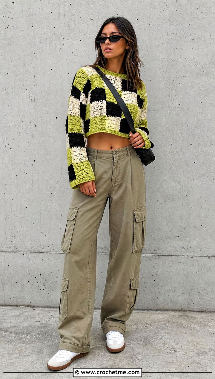 Cropped Checkerboard Tapestry Crochet Jumper With Cargo Pants - 30 Tapestry Crochet Jumper outfit ideas
