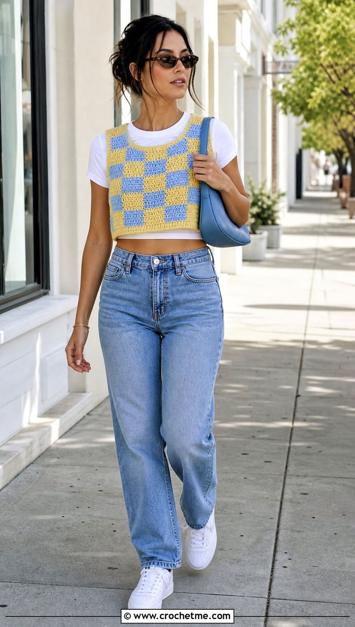 Cropped Checkered Crochet Sweater Vest With Straight Leg Jeans - 15 Checkered Crochet Sweater Vest outfit ideas
