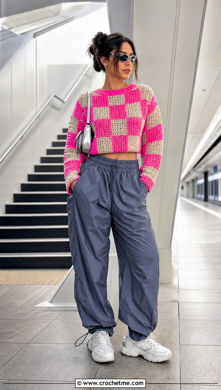 Cropped Checkered Crochet Sweater With Parachute Pants - 30 checkered crochet sweater outfit ideas