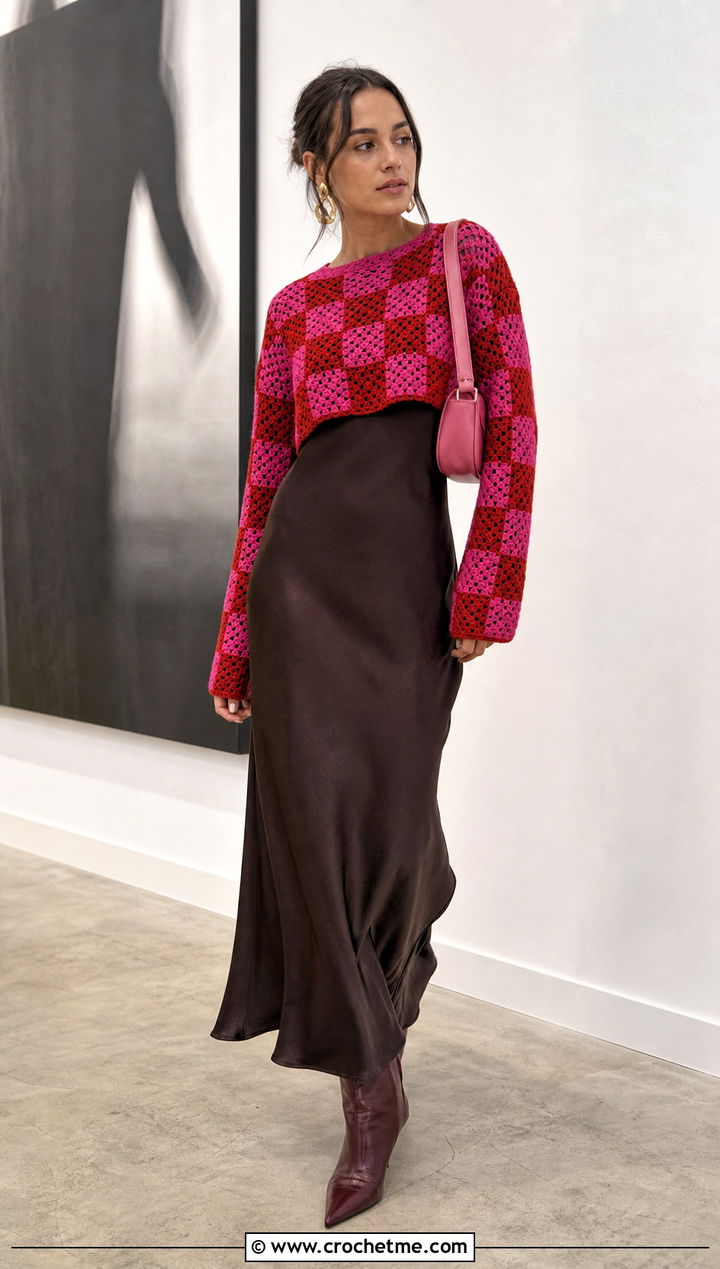 Cropped Checkered Crochet Sweater With Slip Dress - 30 checkered crochet sweater outfit ideas