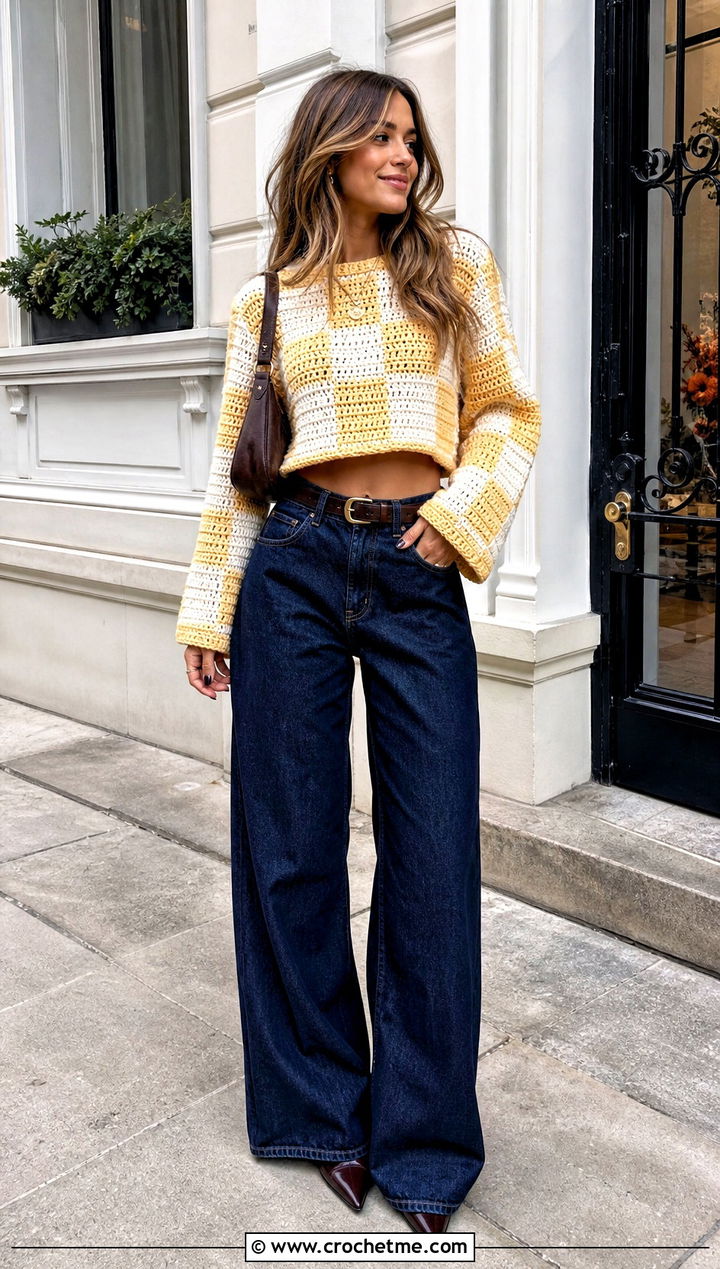 Cropped Checkered Crochet Sweater With Wide Leg Jeans - 30 checkered crochet sweater outfit ideas