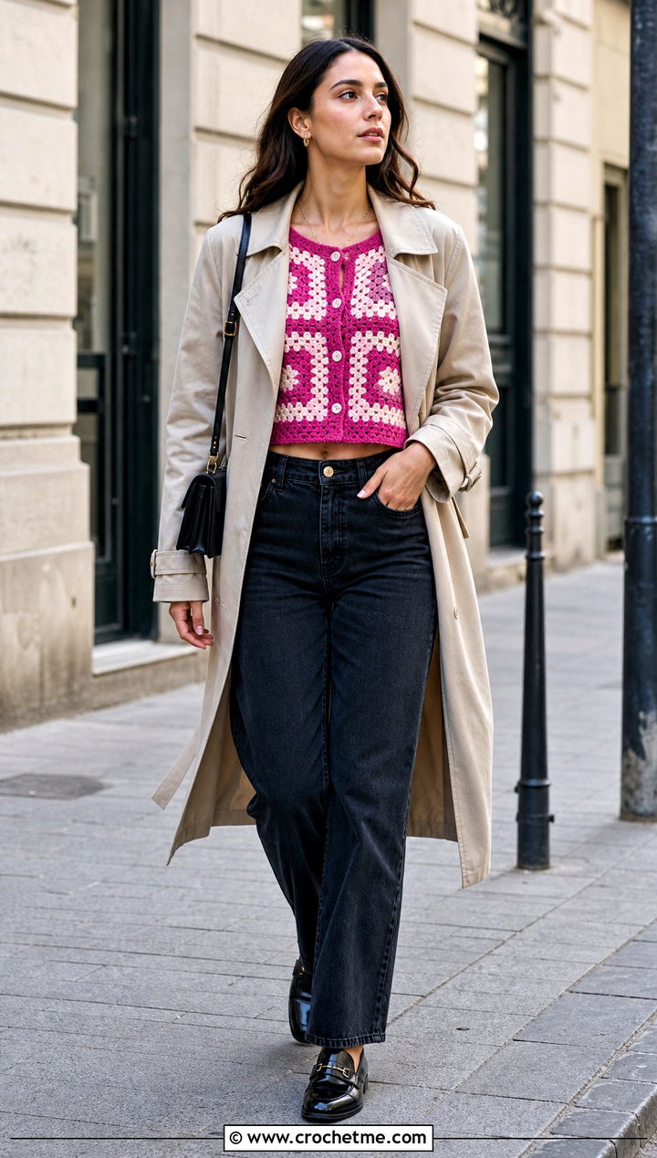 Cropped Checkered Granny Square Cardigan Under A Trench Coat - 25 checkered granny square cardigan outfit ideas