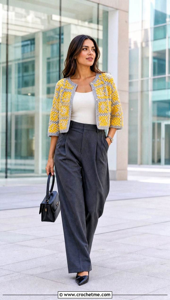 Cropped Checkered Granny Square Cardigan With Wide Leg Trousers - 25 checkered granny square cardigan outfit ideas