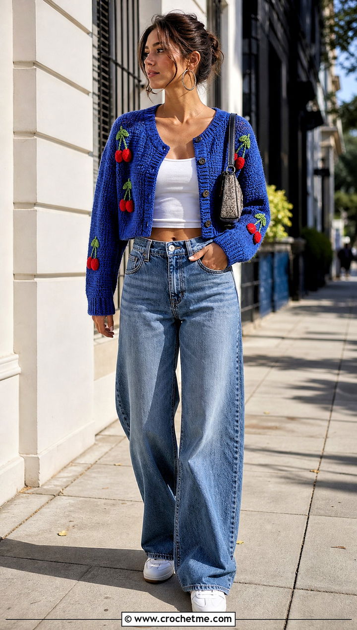 Cropped Cherry Applique Cardigan With Wide Leg Jeans - 30 cherry crochet cardigan outfit ideas