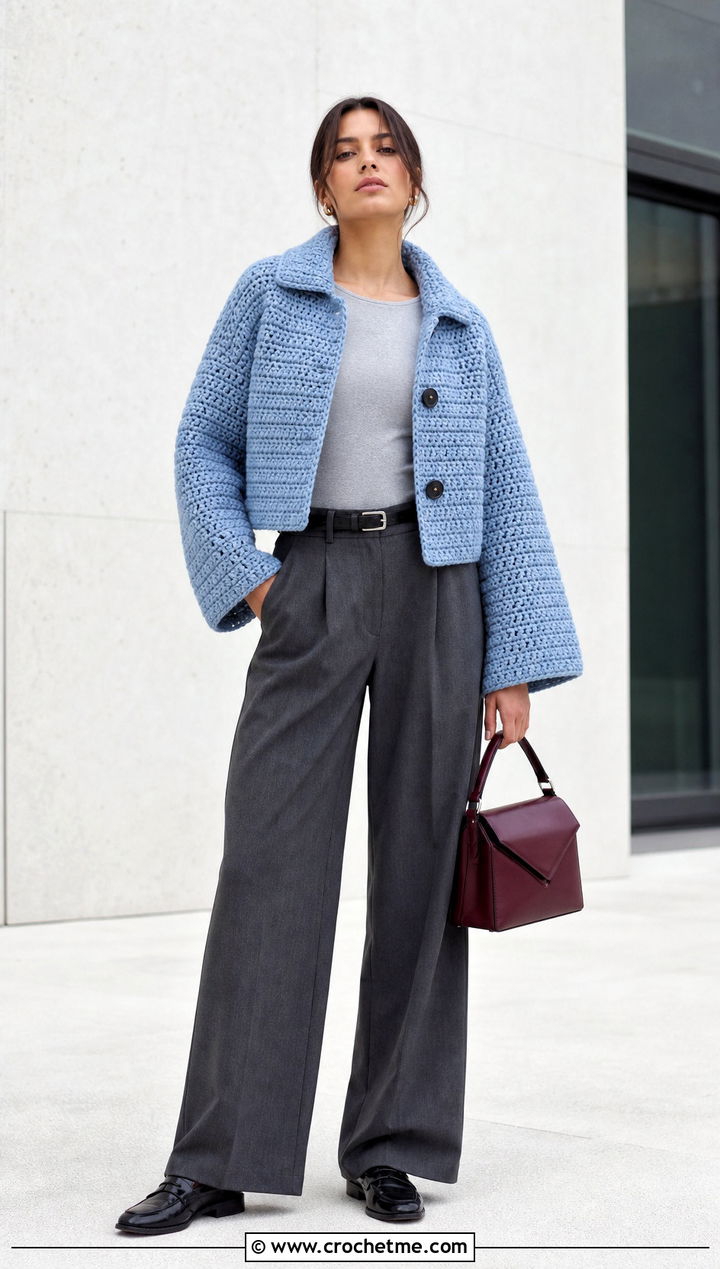 Cropped Chunky Crochet Car Coat With Wide Leg Trousers - 25 Chunky Crochet Coat outfit ideas